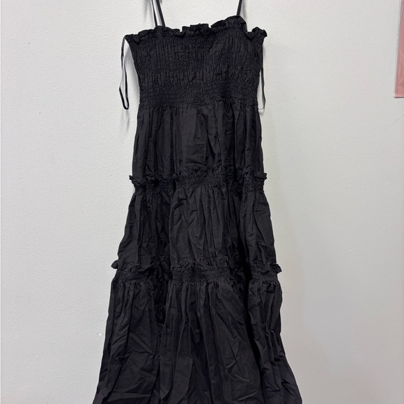 PINCH Chic Black Ruched Dress Tiered Smocked Tie Shoulder - Picture 7 of 10